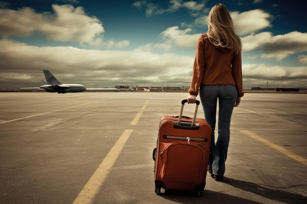 Jovem viajante andando com uma mala no fundo da visão traseira do aeroporto Conceito de viagem