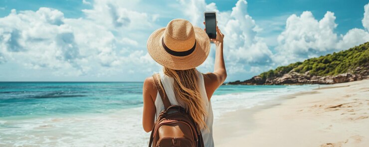 Foto jovem viajante captura a deslumbrante praia tropical com a câmera do seu smartphone