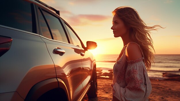 Jovem viajante de pé ao lado de seu carro durante as férias de verão na praia ao pôr do sol