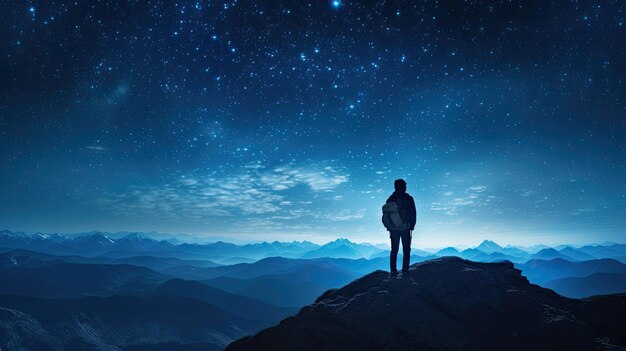 Jovem viajante e mochileiro admirava o céu noturno enquanto estava sozinho no topo da montanha encontrando alegria em viajar e triunfo em alcançar o cume