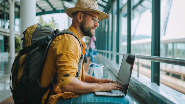 Jovem viajante freelancer trabalhando on-line usando laptop em qualquer lugar