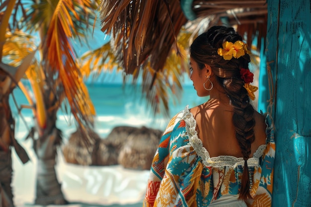 Foto jovem viajante latina vestindo roupas mexicanas feitas à mão isla mujeres cancun méxico