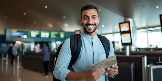 Jovem viajante no aeroporto homem bonito com passaporte de bagagem e bilhetes