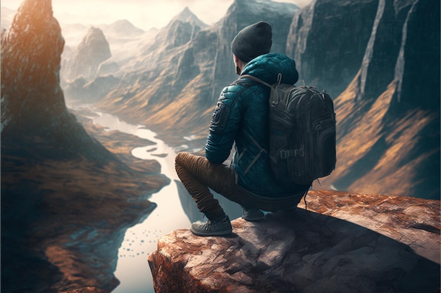 Jovem viajante senta-se em uma rocha que pende sobre o abismo com uma bela paisagem