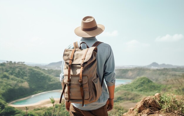 Jovem viajante usando um chapéu com mochila caminhando ao ar livre Conceito de estilo de vida e aventura de viagem