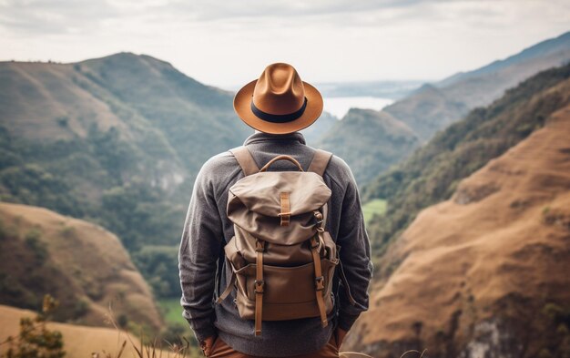 Jovem viajante usando um chapéu com mochila caminhando ao ar livre Conceito de estilo de vida e aventura de viagem