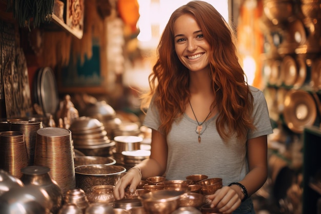 Jovem viajante visitando uma loja de artesanato de souvenirs de cobre