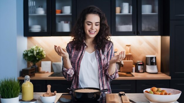 Foto jovem videoblogger cozinhando na cozinha e filmando