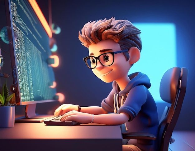 Un joven en 3D con gafas sonríe mientras escribe en su computadora