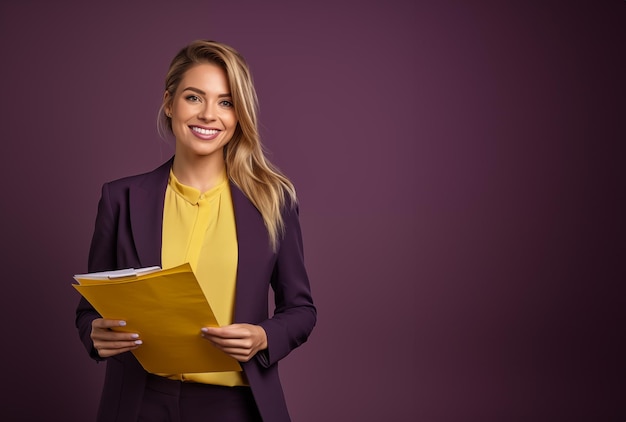 Foto joven abogada de negocios sosteniendo documentos secretaria profesional sonrisa amarilla y púrpura