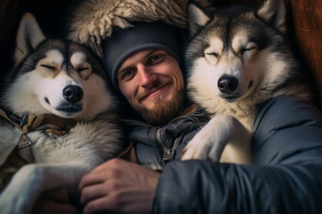 Foto joven abrazando a su perro huskies