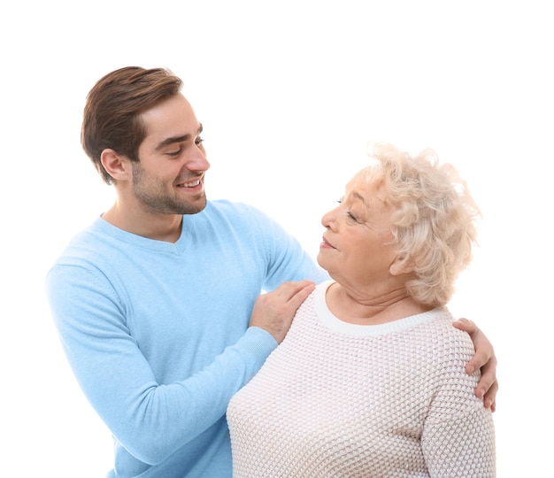 joven, con, abuela, blanco, plano de fondo