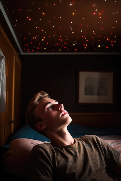 Foto un joven acostado en su cama mientras mira el techo creado con ia generativa