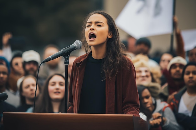 Joven activista femenina de pie en un podio frente a una multitud IA generativa