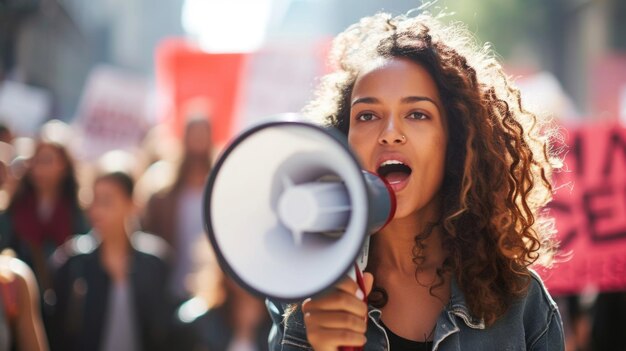 Joven activista lidera una protesta con megáfono en un entorno urbano