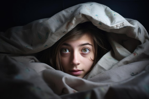 Foto joven adolescente acostada en la cama con el edredón sobre su cabeza creada con ai generativo