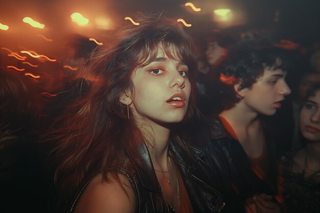 Foto joven adolescente borracha bailando en la pista de baile en un club nocturno foto de película en color vintage