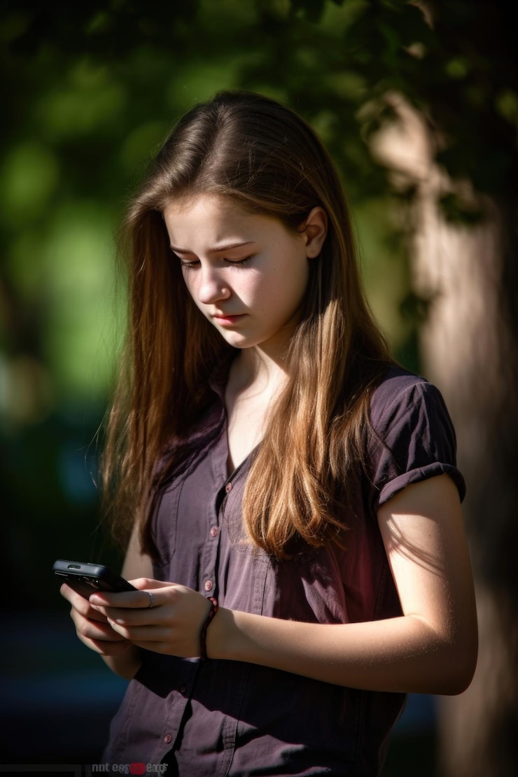 Una joven adolescente enviando mensajes de texto en su teléfono celular creado con ai generativo