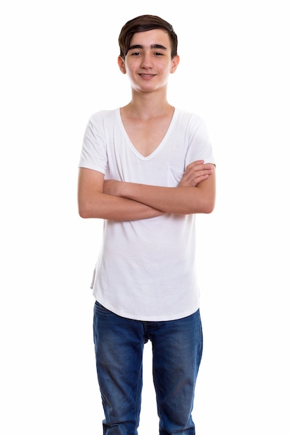 Foto joven adolescente persa feliz sonriendo y de pie