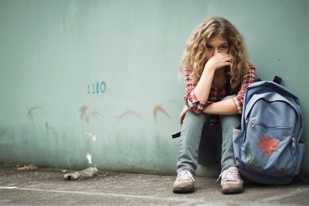 Foto un joven adolescente sentado y apoyado contra la pared aparece triste y taciturno. ai generó