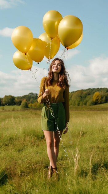 Joven adolescente vestida de negro sosteniendo un montón de globos de halloween en una colina verde C IA generativa