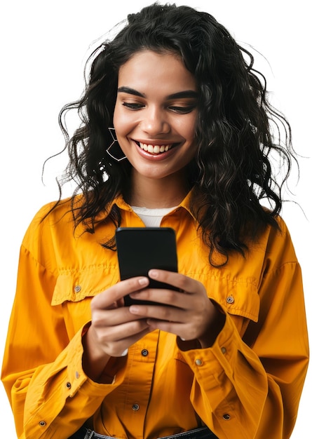Joven adulta sonriendo feliz mujer latina bonita sosteniendo un dispositivo de teléfono móvil haciendo compras en línea de comercio electrónico en el celular usando aplicaciones en el teléfono celular de pie