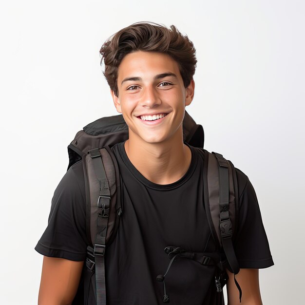 Foto joven adulto alegre con cabello castaño sonriendo a la cámara sobre un fondo blanco