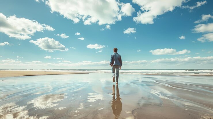 Un joven adulto caminando solo en una playa profundamente en la contemplación