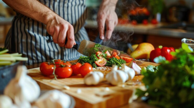 Un joven adulto cocinando en una cocina moderna con ingredientes frescos