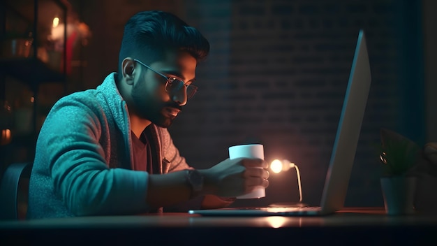 Joven adulto hindú que usa una computadora portátil en la mesa de trabajo por la noche en la oficina de su casa Red neuronal generada en mayo de 2023 No se basa en ninguna persona o escena real