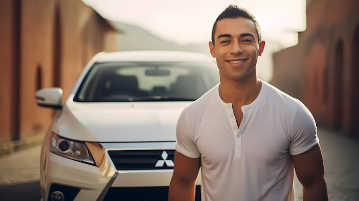 Foto joven adulto de pie frente a un coche sonriendo y mirando a la cámara