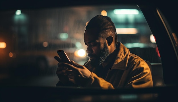 Un joven adulto sentado en un automóvil escribiendo en su teléfono inteligente generado por IA