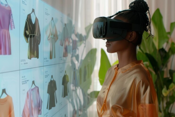 Una joven africana con un auricular de realidad virtual en un entorno moderno y colorido experimentando tecnología avanzada de realidad virtual