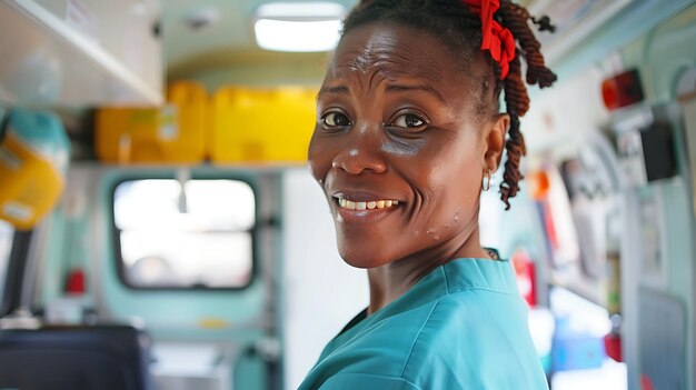 Foto una joven africana con una cinta roja en la cabeza y un uniforme azul sonríe a la cámara