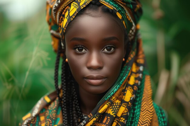 Una joven africana con un colorido pañuelo en la cabeza