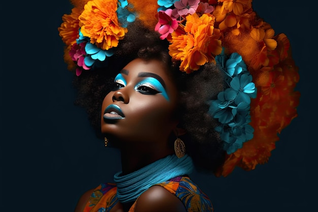 Una joven africana con maquillaje colorido se sienta en una habitación oscura inspirada en el arte pop y el poder de las flores con tonos naranja oscuro y azul claro Perfecta para el diseño contemporáneo IA generativa