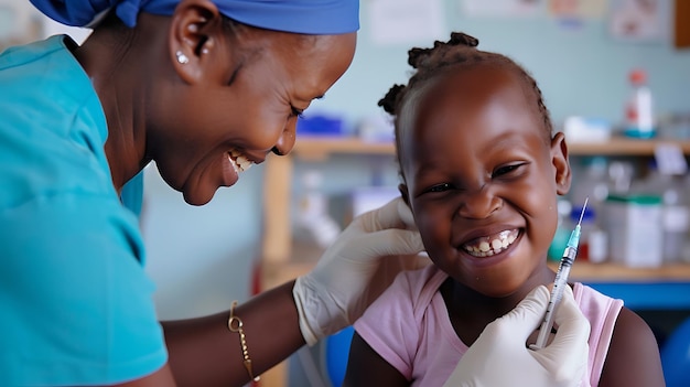 Una joven africana sonríe felizmente mientras un trabajador de la salud se prepara para vacunarla