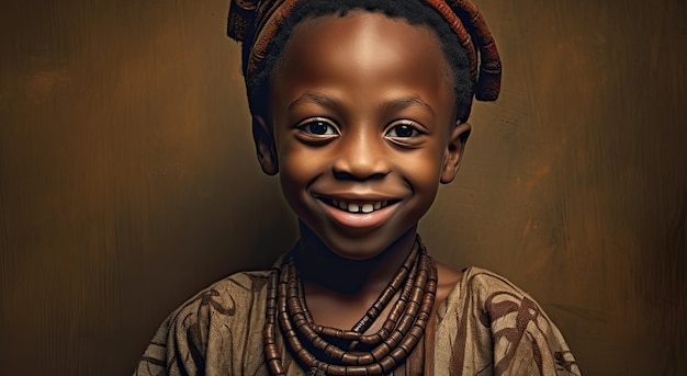 Una joven africana sonríe y lleva una camisa marrón y pantalones marrones.