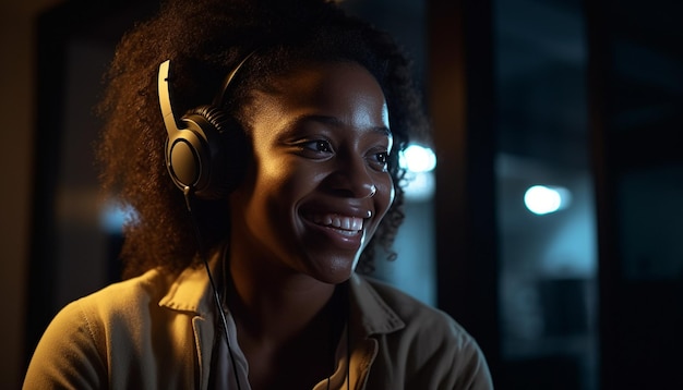 Joven africana sonriendo escuchando auriculares generados por IA