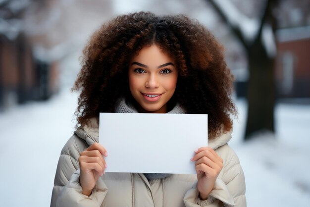 Una joven africana sostiene un papel de carta blanco para copiar el espacio contra el fondo de la nieve al aire libre en invierno