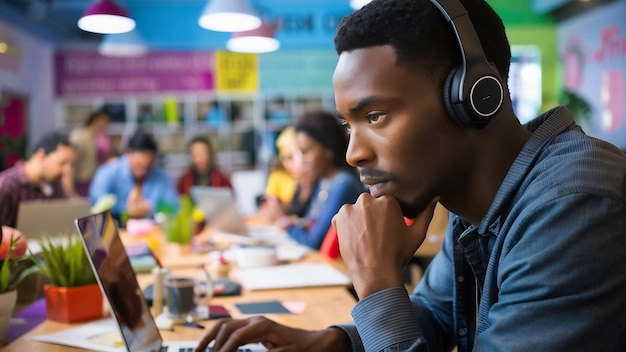 Joven africano concentrado sentado en un coworking