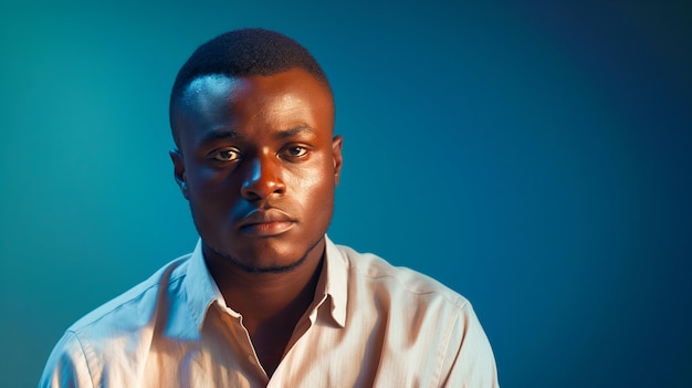 Un joven africano está mirando fijamente y con una camisa blanca y un fondo azul.