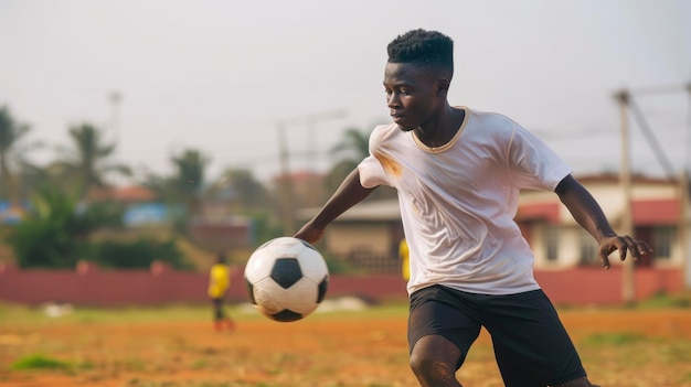 Un joven africano con una mirada de determinación y una pelota de fútbol está practicando sus tiros en un campo en Accra, Ghana