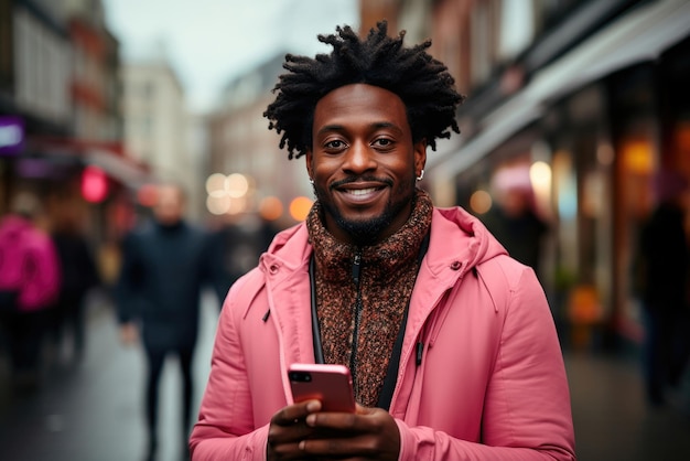 Joven africano negro con una chaqueta rosa sostiene un teléfono inteligente en sus manos en la calle de la ciudad y sonríe