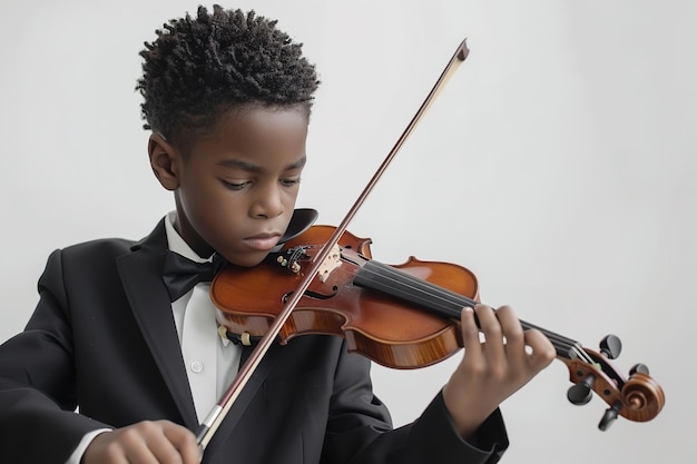 Un joven africano con traje negro salió tocando el violín sobre un escenario blanco.