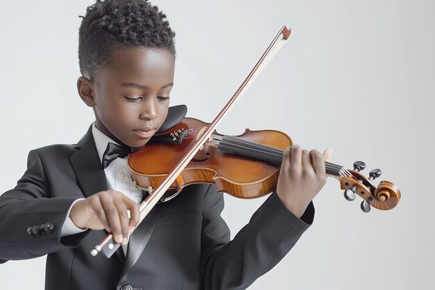 Un joven africano con traje negro salió tocando el violín sobre un escenario blanco.