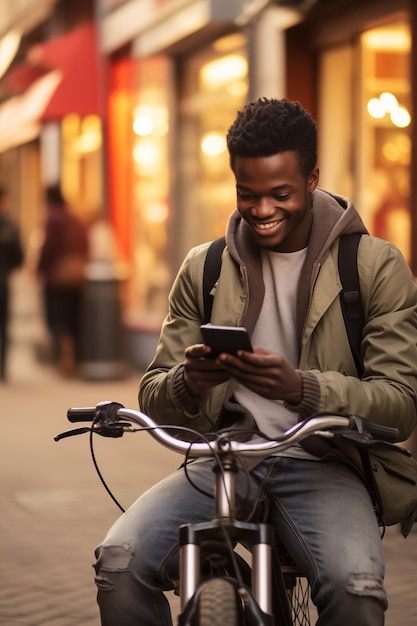 Un joven africano usando el teléfono sentado en una bicicleta