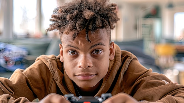 Foto un joven afro con cabello marrón está jugando a un videojuego