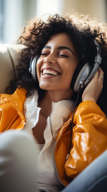 Foto una joven afro disfrutando de la música en su acogedora sala de estar con auriculares
