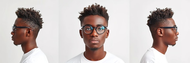 joven afro con gafas en diferentes ángulos y gestos
